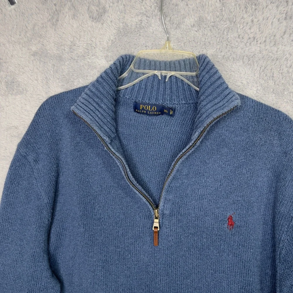 Polo Ralph Lauren Mens XL Blue Cotton Quarter Zip Mock Neck Sweater Red Pony